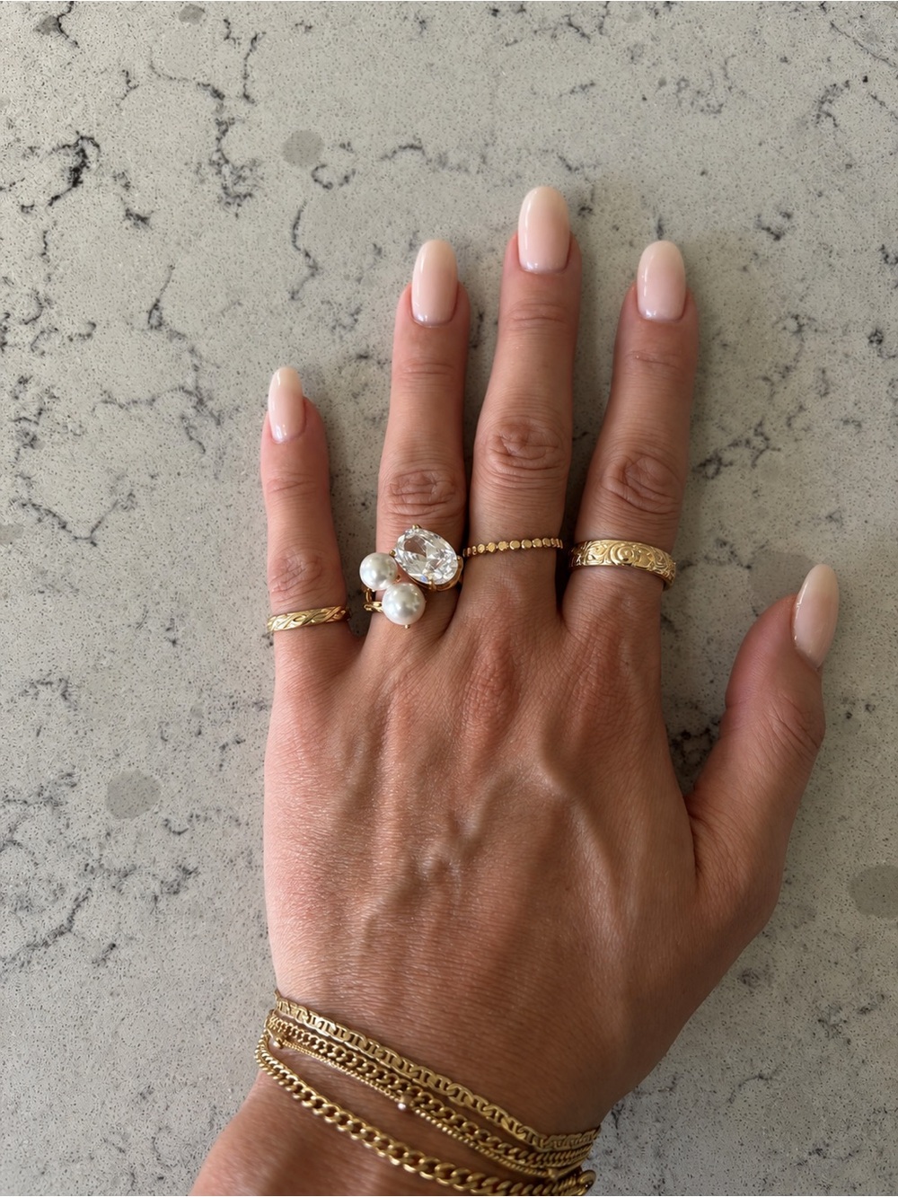 Gold Pearl & Crystal Statement Adjustable Ring - Women Jewelry